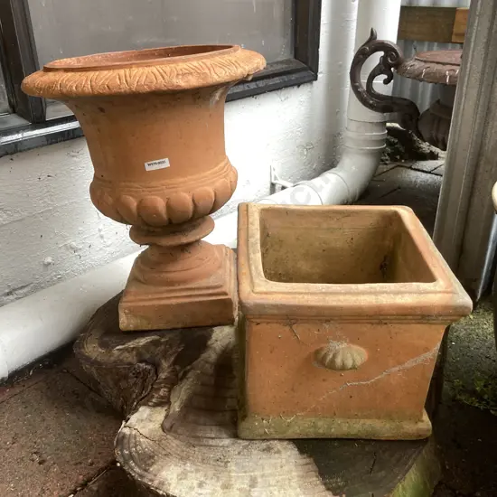 Terracotta Urn On Pedestal (39 x 33cm) & Square Terracotta Planter