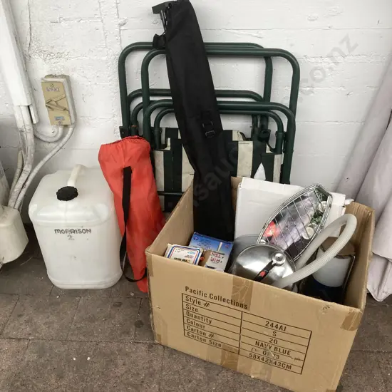 Camping Chair, Water Container & Box Lot Camping Items