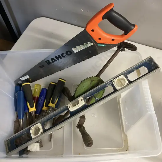 Box Lot Chisels, Level, Hand Saw Etc