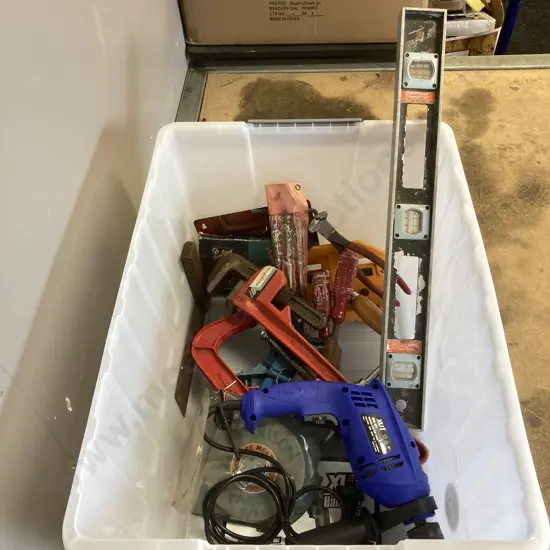Lidded Bin With Tools, Level Etc