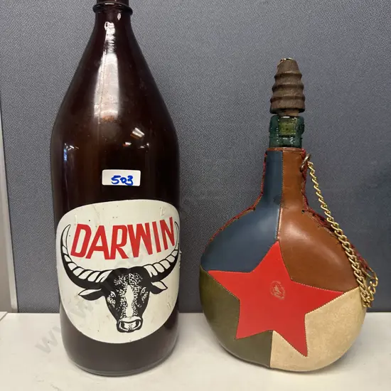 Vintage Leather Covered Viresa Glass Wine Bottle & 36cm Victoria Bitter Draught 2.25 Litre Darwin Stubby