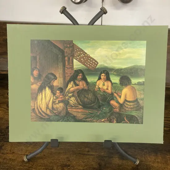 Gottfried Lindauer Print ‘Maoris Plaiting Flax Baskets’ 1903. 25 x 33cm