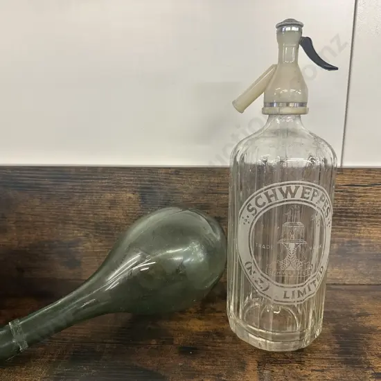 Vintage Schweppes Soda Syphon & Vintage Green Glass Wine Botte
