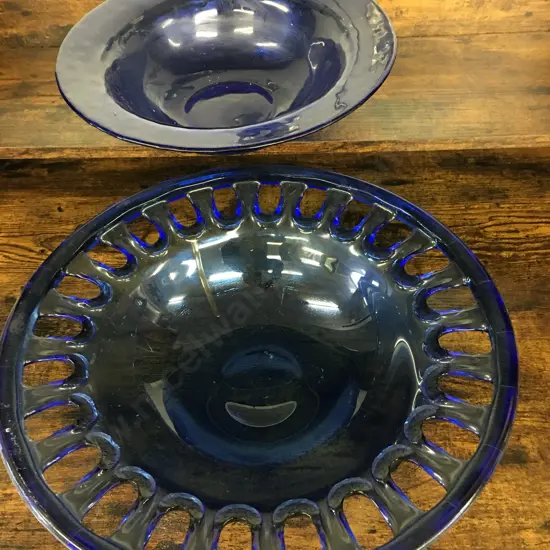 Vintage Cobalt Blue Art Glass Bowl, Lattice Edge & Blue Glass Bowl