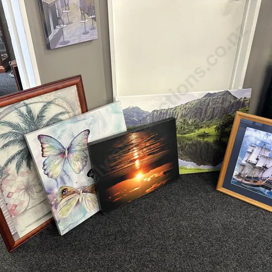 Assorted Artworks Including Pictures On Canvas, Framed Ship & Palm Trees