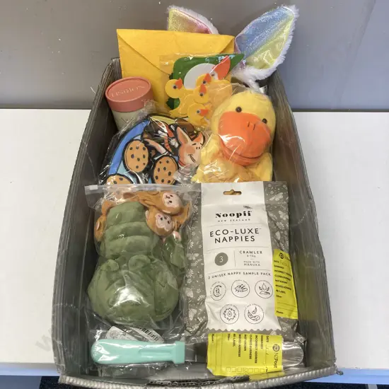 Box Lot Nappies, Felt Toys Etc