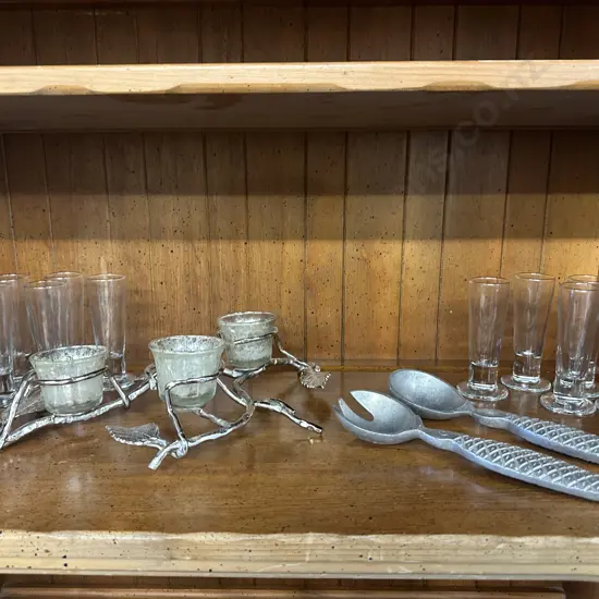 Footed Shot Glasses, Candle Holder, Fish Serving Spoons