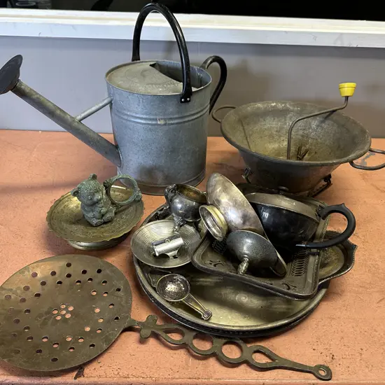 Box Lot Watering Can, Moulie, Brassware Etc