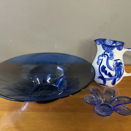 Art Glass Blue Bowls & Petra Ceramics Jug