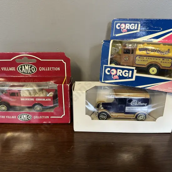 Vintage Cadburys Mattel UK 1993 Ford T4 Van, VCC Drinking Chocolate Morris Open Back Truck, Morris Caramel Truck