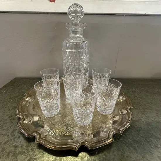 Vintage Crystal Decanter & Six Sherry Glasses On Silverware Tray