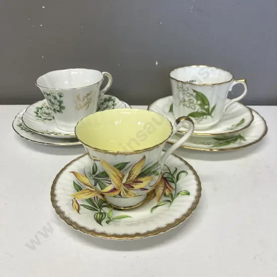 Old Royal Bone China Lily Of The Valley Pattern Trio, Paragon Tiger Lily Duo, Royal Standard Merry Christmas Trio