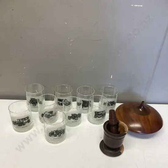 Vintage Glasses With Vintage Car Decals & Wooden Ware