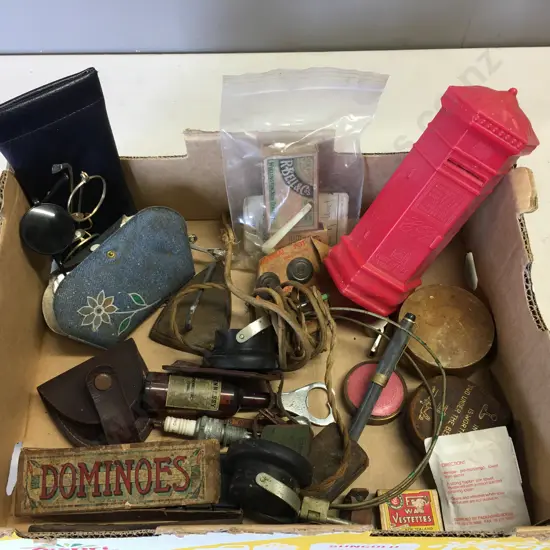 Box Of Vintage Items Including Dominoes, Post Office Savings Bank Money Box,  Bottle Openers Etc