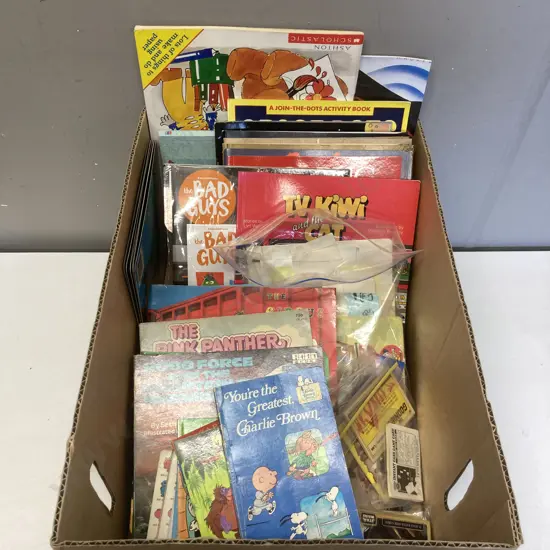 Box lot Vintage Kids Books, Assorted Cards Etc