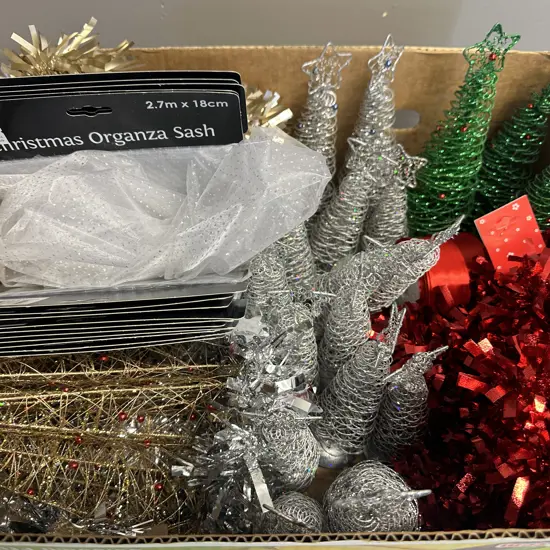 Box Of Small Christmas Trees, Organza Sash, Etc