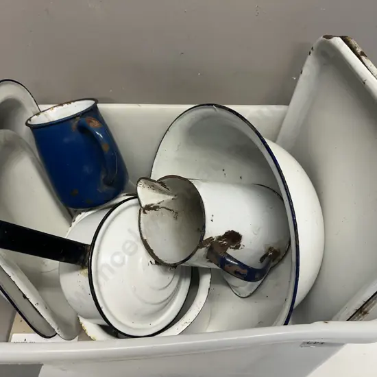 Clear Bin Of Assorted White & Blue Enamel Ware