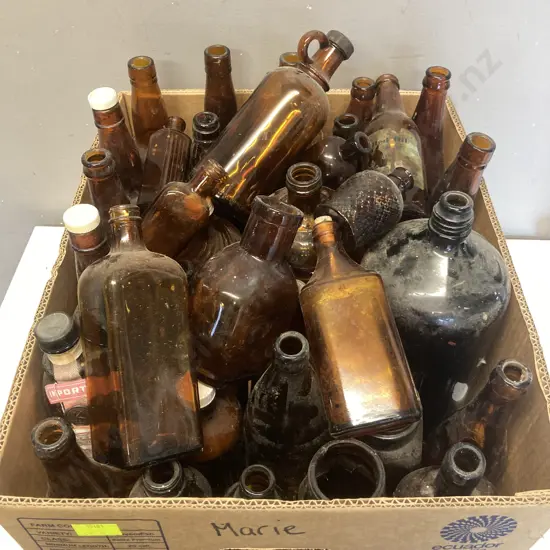 Box Lot Amber Glass Bottles Etc