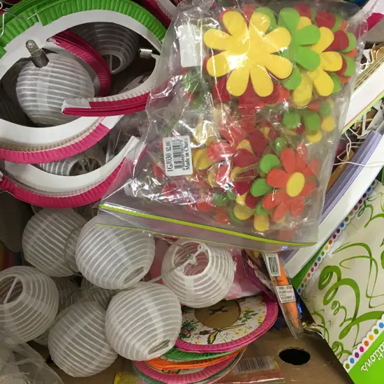 Box Lot Party Items, Swirl Decorations, Lanterns Etc