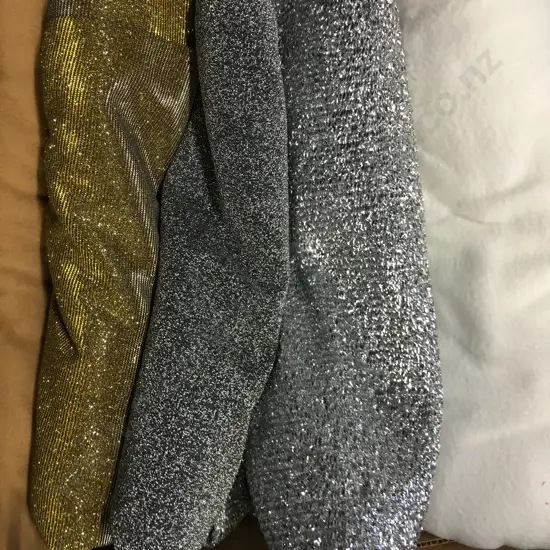 Box Lot Fabric Pieces, Silver & Gold Etc
