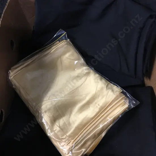 Box Lot Black Fabric Table Cloths & Gold Runners