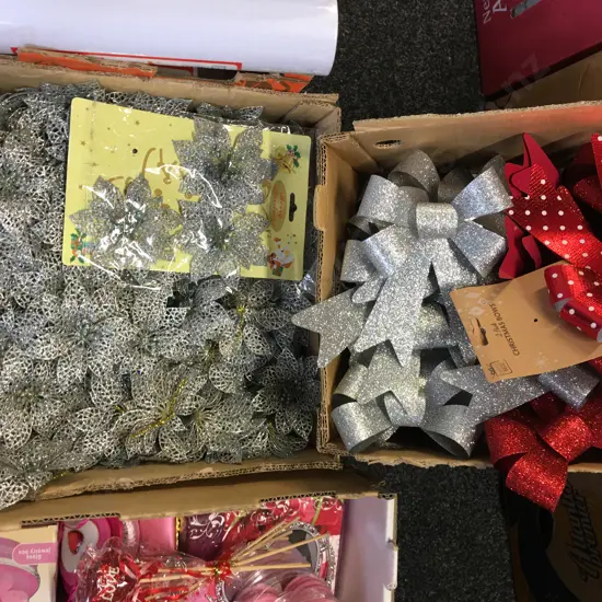 2 x Boxes of Christmas Bows, Flowers Etc