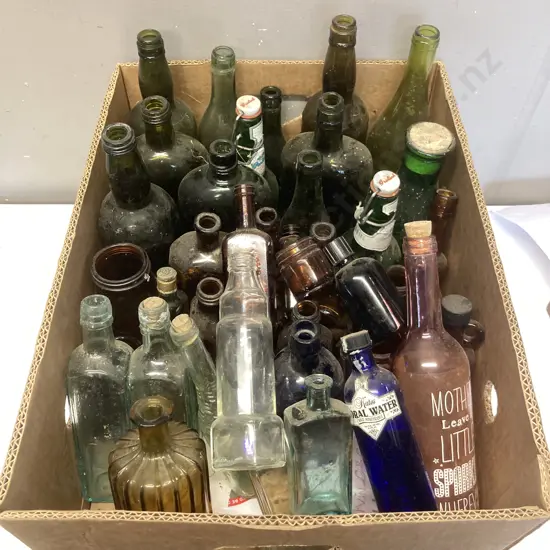 Box Lot Green & Assorted Colour Glass Bottles Etc