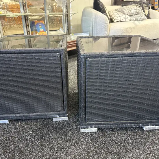 Pair of Square Woven Black Glass Topped Storage Cubes. H48 W48 D49cm