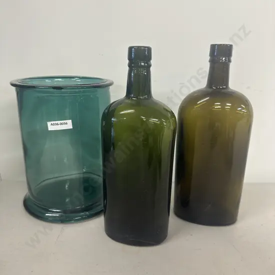 Pair of Antique Green Glass Bottles & Blue Glass Lipped Canister