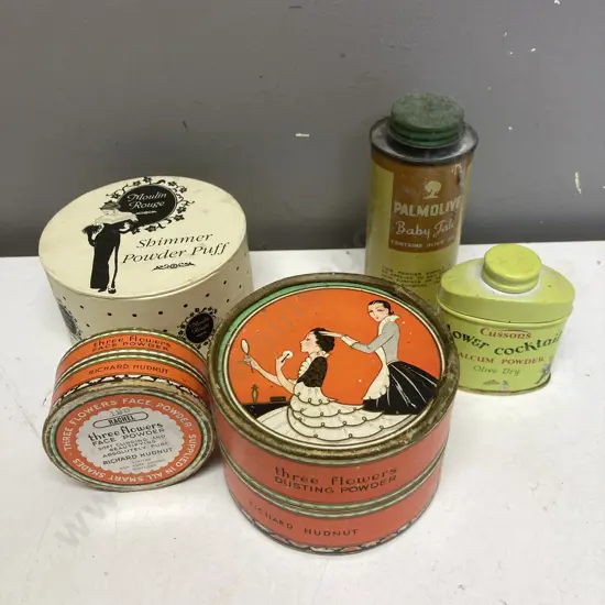 1920s Art Deco Three Flowers Dusting Powder Tin, Vintage Moulin Rouge Powder Puff Tin Etc