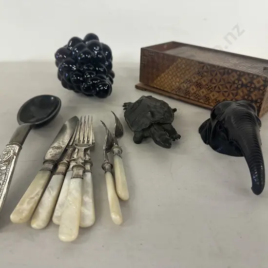 Murano Grapes, Ebony Elephant, Cast Turtle Etc (Some Items As Found)