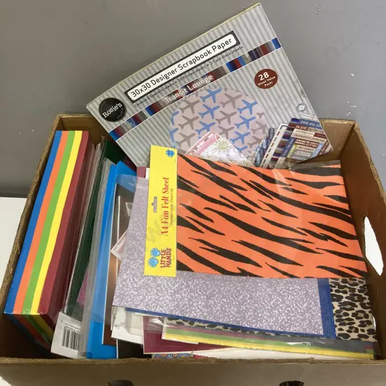 Box lot Assorted Coloured Paper, Craft Items Etc