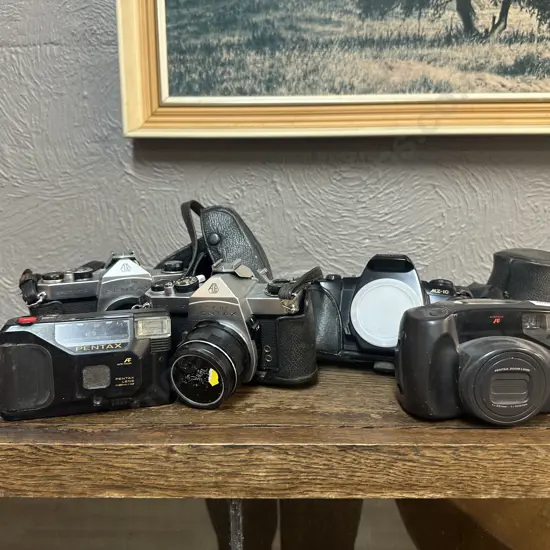 Pair of Asahi Pentax Spotmatic Cameras, Takumar 1:3.5/35 Lens, Pentax Zoom105-R,D-BG2 Battery Grip, MZ-10, MiniSport35AF