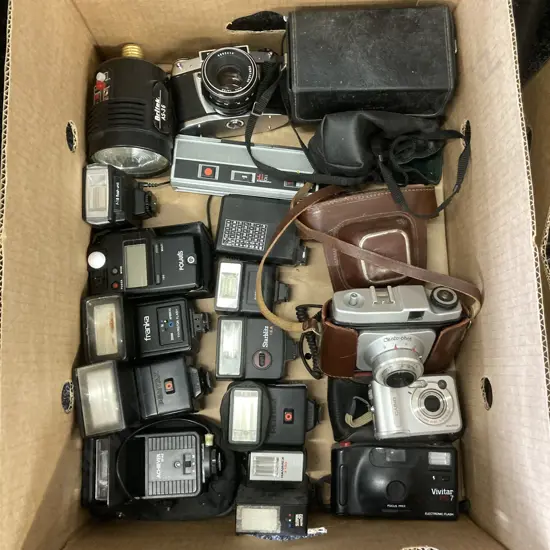 Box Assorted Camera Flashes, Cameras Etc