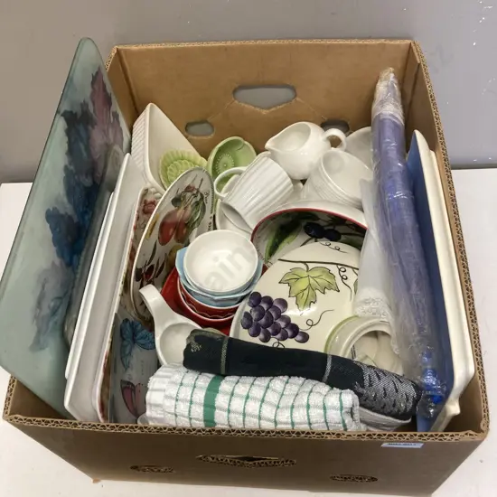 Box Lot China, Tea Towels Etc