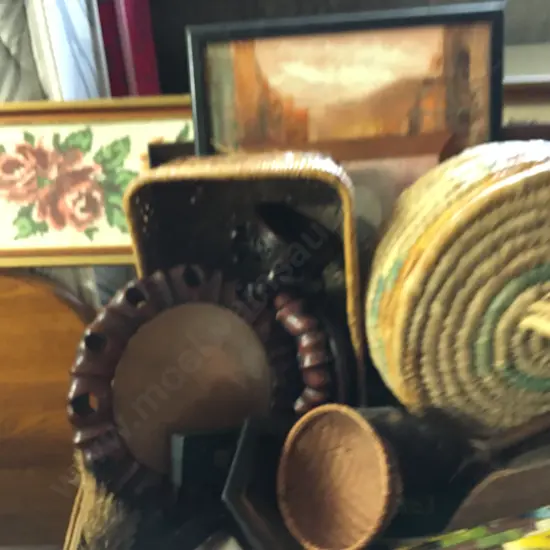 Box Lot Wood Ware, Cane, Framed Art Etc