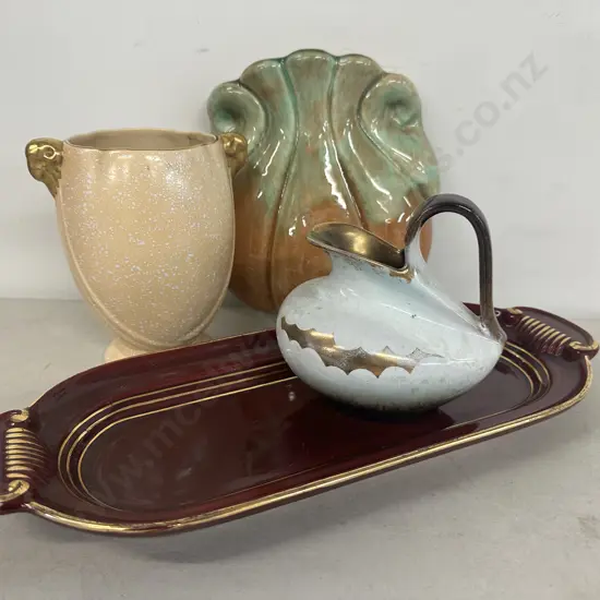 Art Deco Crown Devon Vase With Steel Frog, 16cm, German Art Deco Jug, Ruby Red, Gilt Oval Dish. 41 x 16cm & Pocket Vase