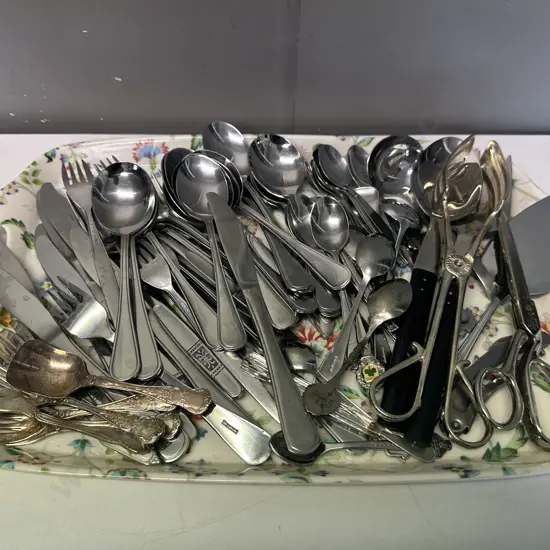 Assorted Cutlery, Scissors Etc On Vintage Serving Tray