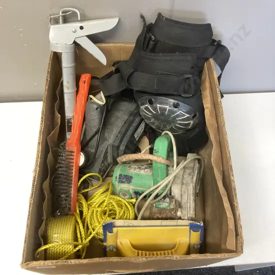 Box Lot - Hitachi Cutter, Falcrest Electric Planer, Yellow Rope, Knee Pads Etc