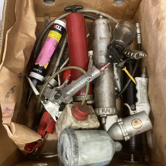 Box Lot Grease Guns, Air Tools, Caulk Gun Etc