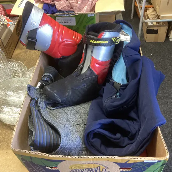 Box Lot Rossignol Snow Boots, Snowclothes Bib Overalls, Flag Etc