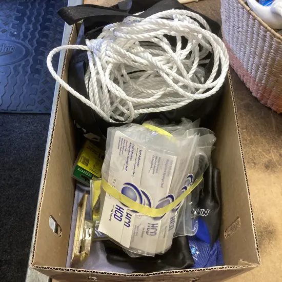 Box lot Rope, Gloves, Watering Items, Sponge Seal Rolls
