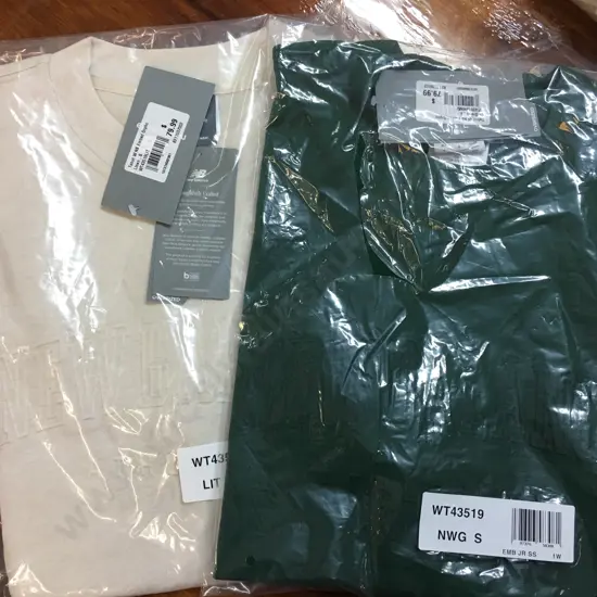 New Balance Linen Colour & Dark Green Embossed Tee Shirts, Size S