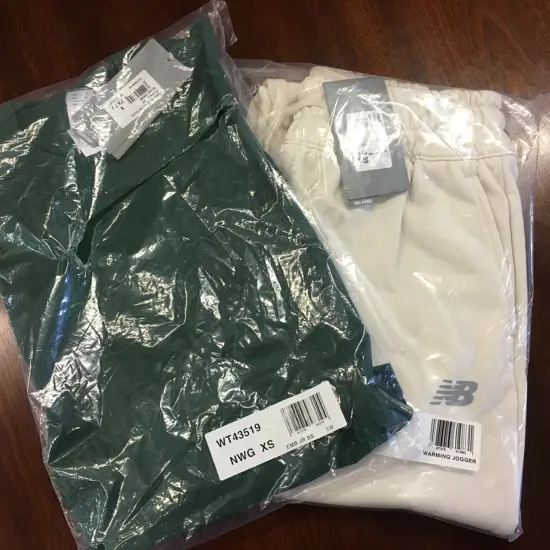 New Balance Linen Colour Warming Jogger Pants & Dark Green Embossed Tee Shirt, Size XS