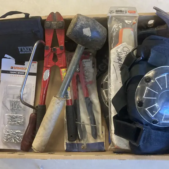 Box lot Tools, Chainsaw Sharpener, Pot Riveter, Bolt Cutters, Mallet, Tool Kit, Apron Etc