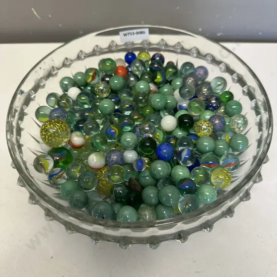Assorted Vintage Marbles In Glass Dish