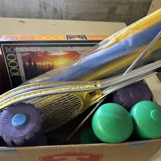 Box Of Sundries Including Puzzle, Oars Etc