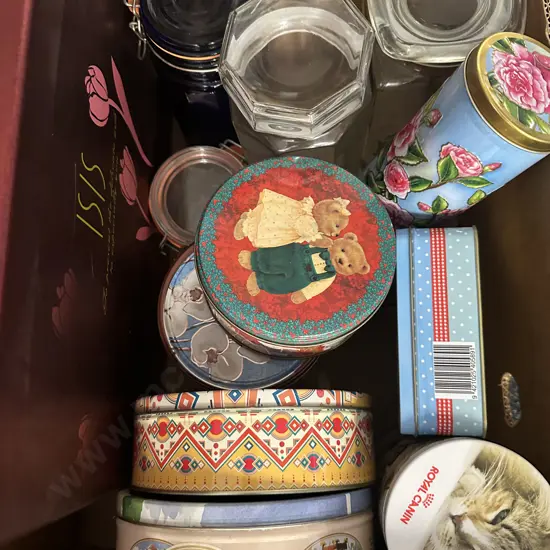 Assorted Tins & Glass Storage Jars(Not Saleable Donated)
