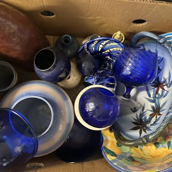 Assorted Box Lot Of Vintage Pottery Items Etc