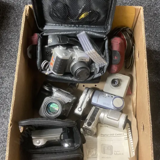 Box Lot Camera Gear -  Assorted Sony, MVC-FD91, MVC-CD250 Etc